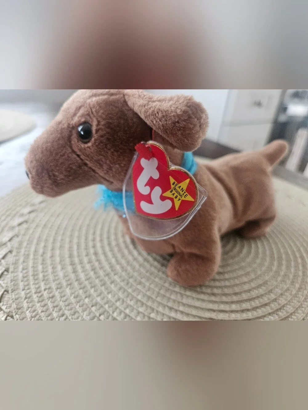 Ty Beanie Baby Plush Dachsund with Sparkly Blue Collar, Orig Tags